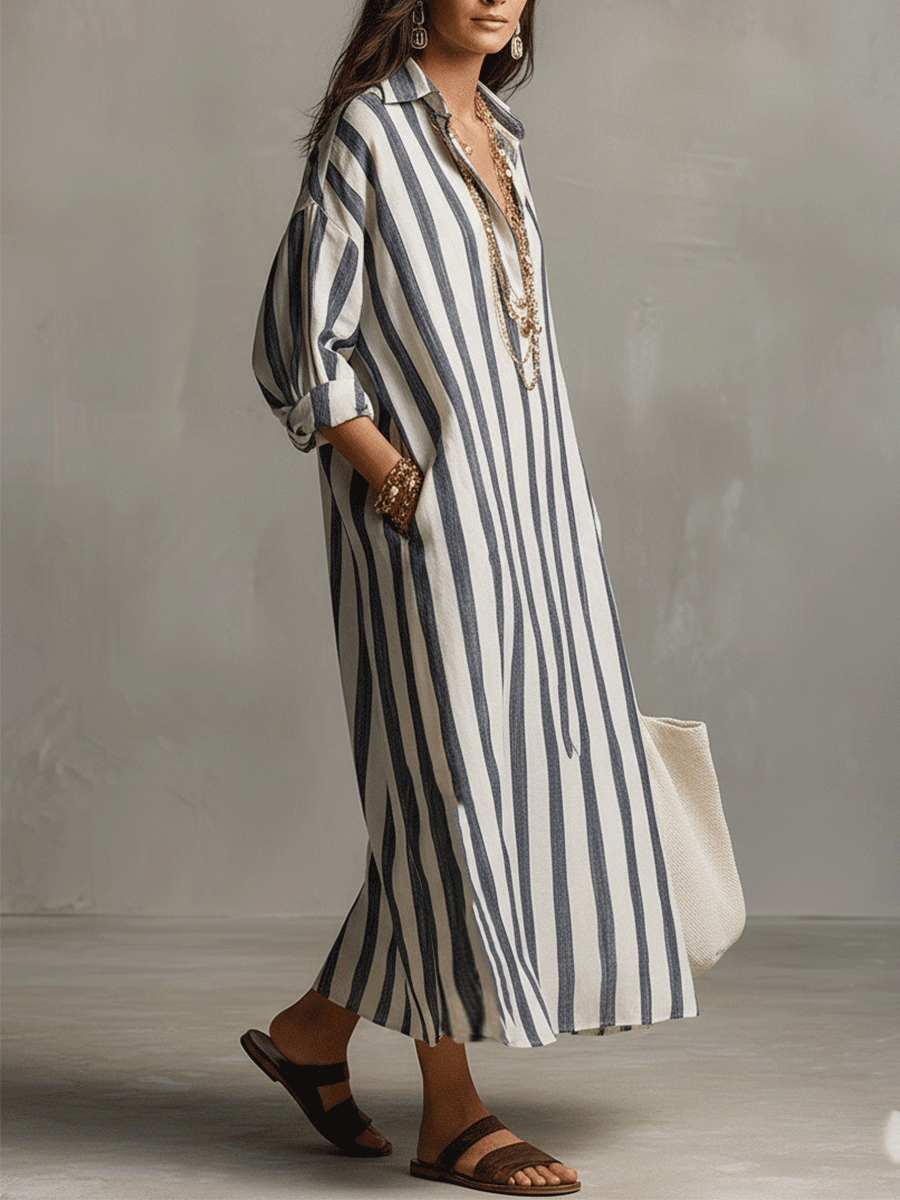 Abito Maxi Stile Bohemien a Righe Casual