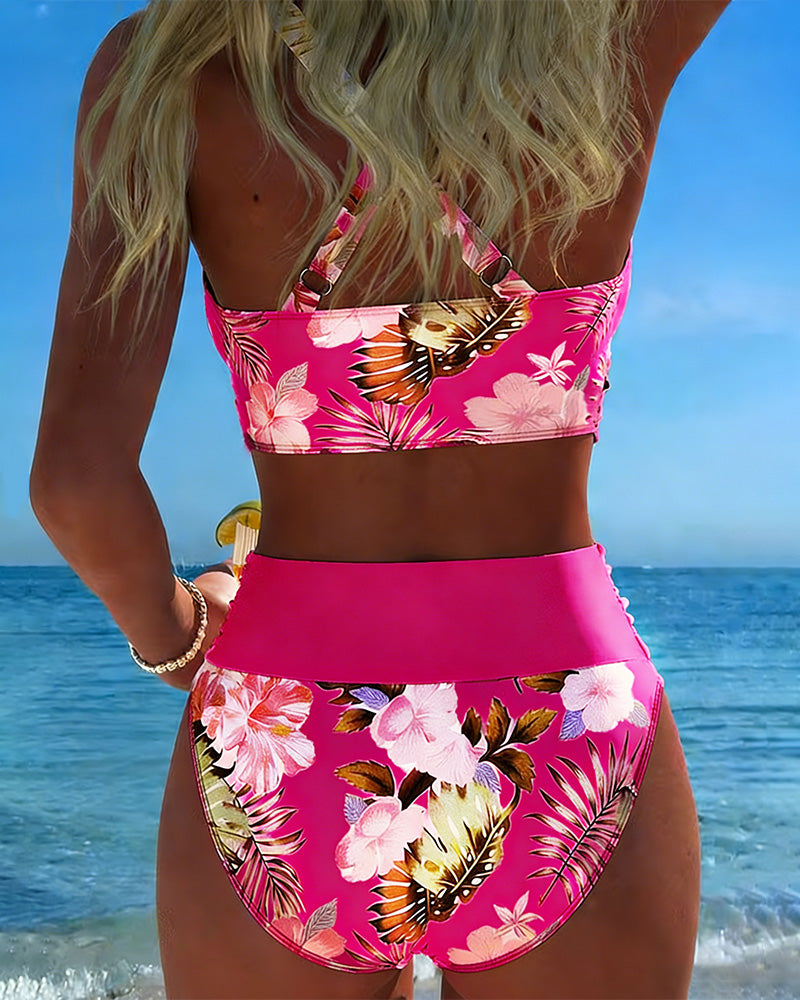 Bikini con stampa floreale a contrasto e apertura