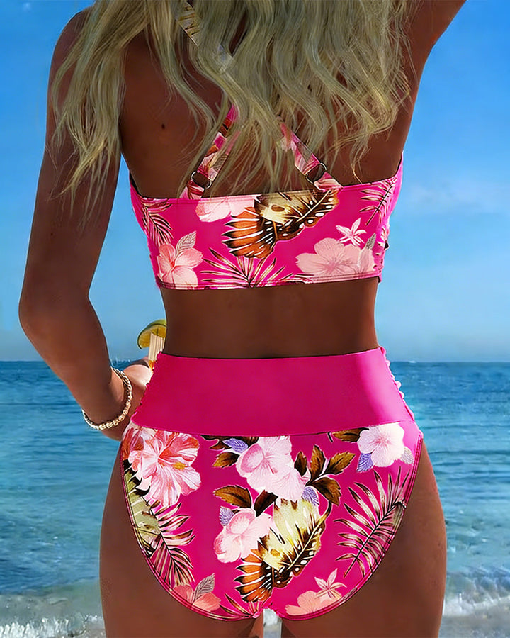 Bikini con stampa floreale a contrasto e spacco
