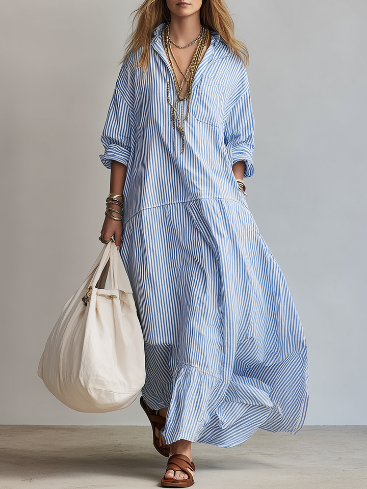 Abito Maxi Camicia Relaxed a Righe Blu