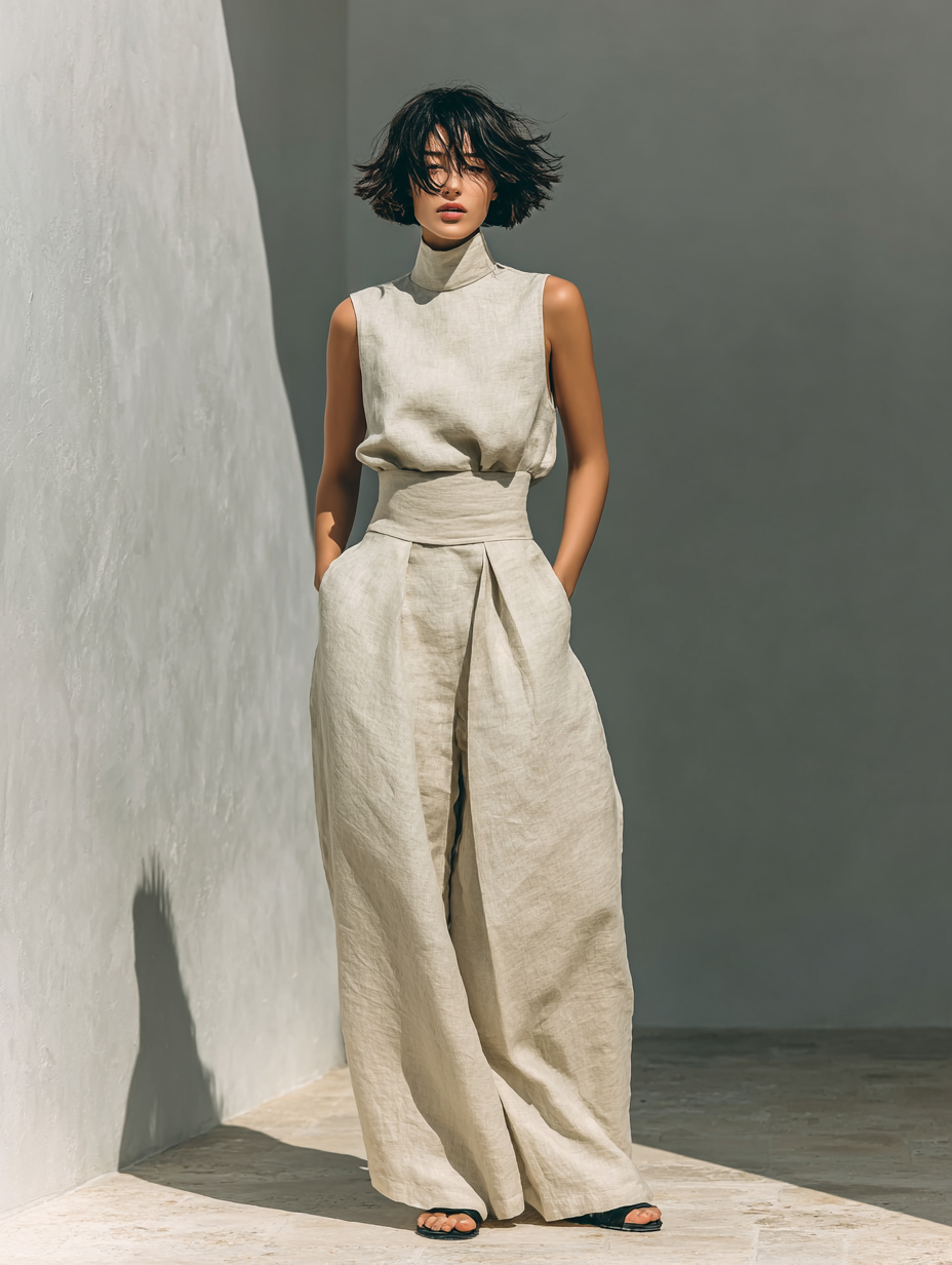Selene | Completo Minimalista in Cotone e Lino con Pantaloni Larghi
