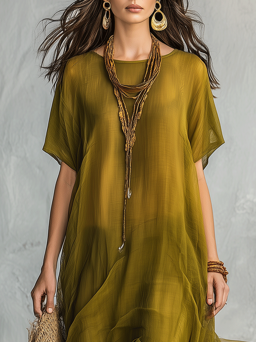 Maxi-abito Bohemien Verde Oliva con Silhouette Drappeggiata