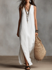 Chic Abito Maxi Bianco Senza Maniche con Scollatura a V