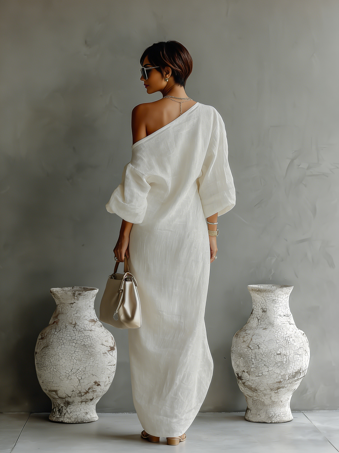 Abito Fluido Elegante in Bianco Avorio con Spalle Scoperte