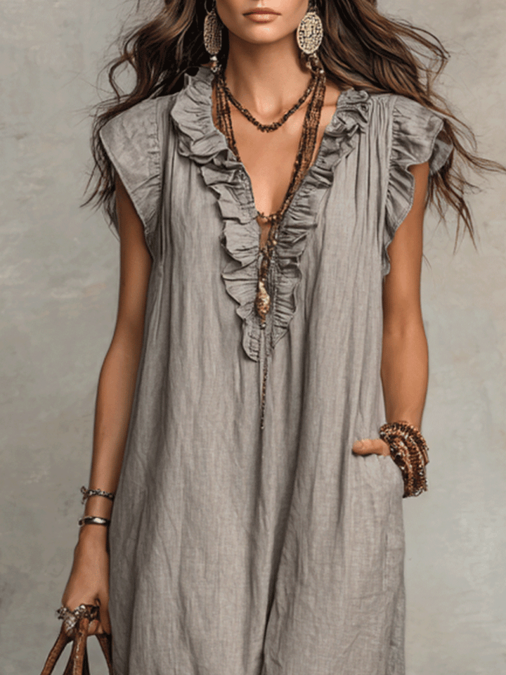 Abito Maxi Fluttuante Bohemien Senza Maniche con Scollatura a V