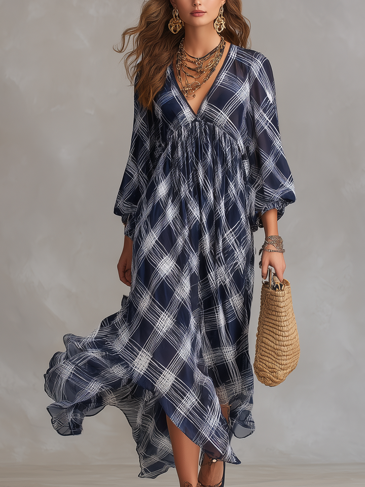 Abito Maxi Fluente a Righe Blu Marino in Stile Francese