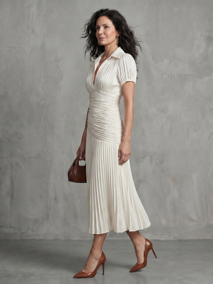 Theodora | Vestito Midi con Plissettatura e Strisce in Vita