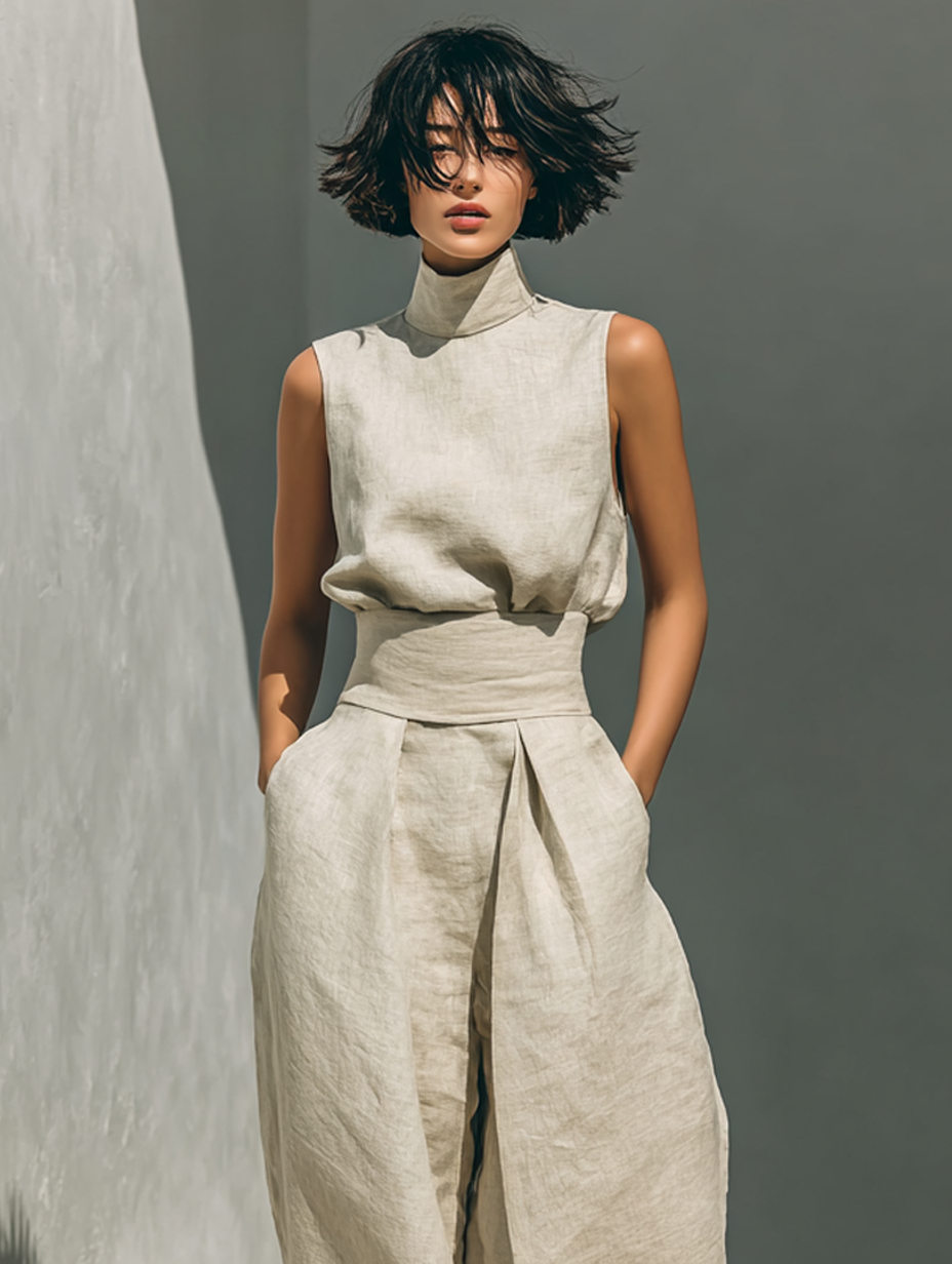 Selene | Completo Minimalista in Cotone e Lino con Pantaloni Larghi