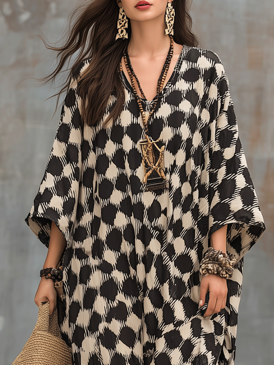 Kaftano Maxi a Pois in Stile Bohemien Relaxed Fit
