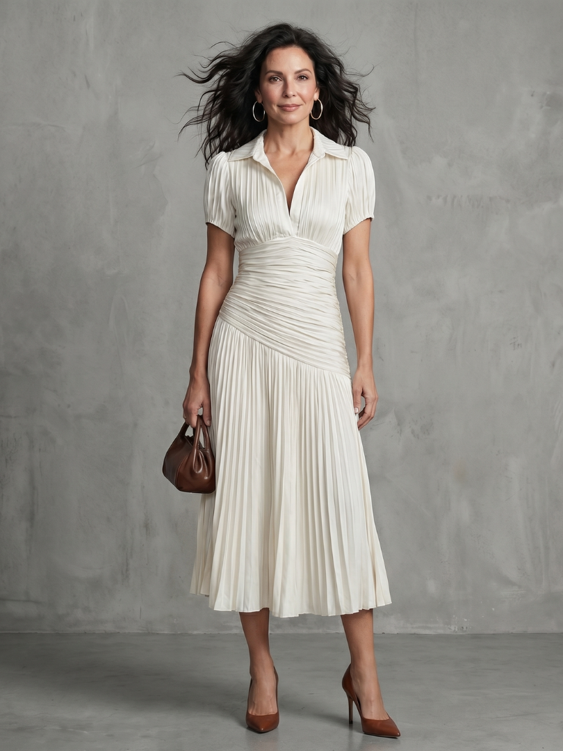 Theodora | Vestito Midi con Plissettatura e Strisce in Vita