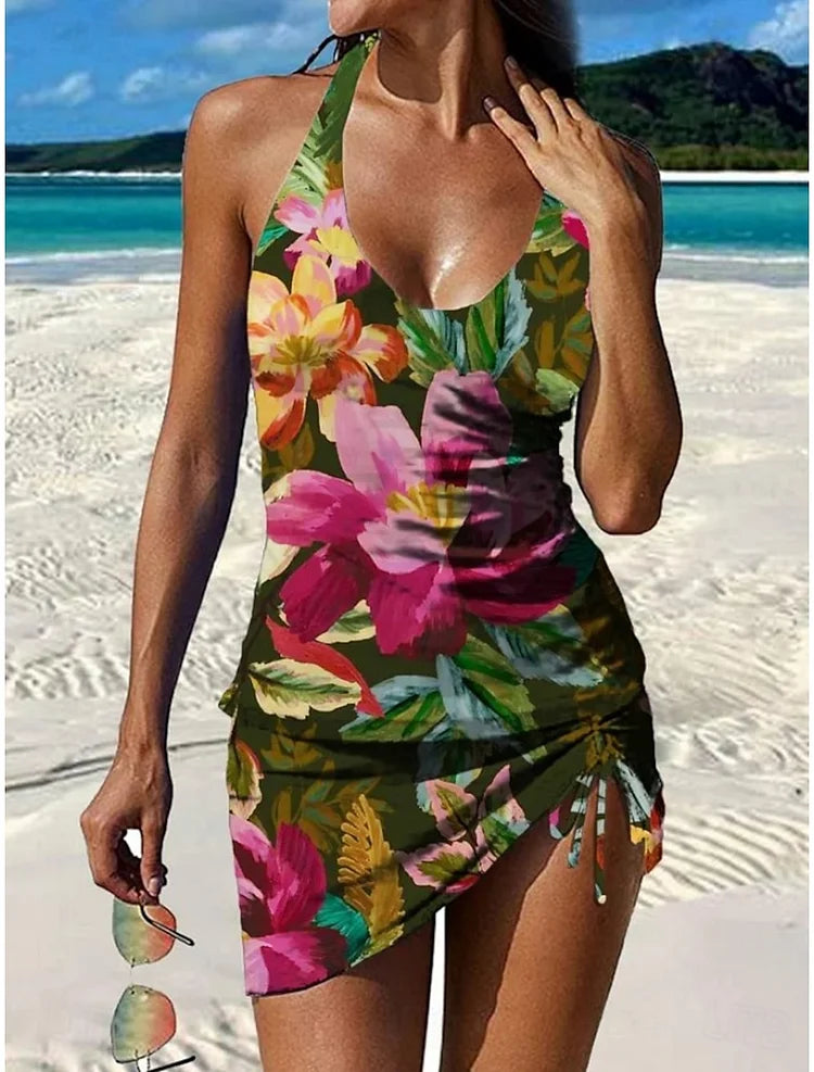 Fiesta - Set tankini floreale con design grafico che copre la pancia