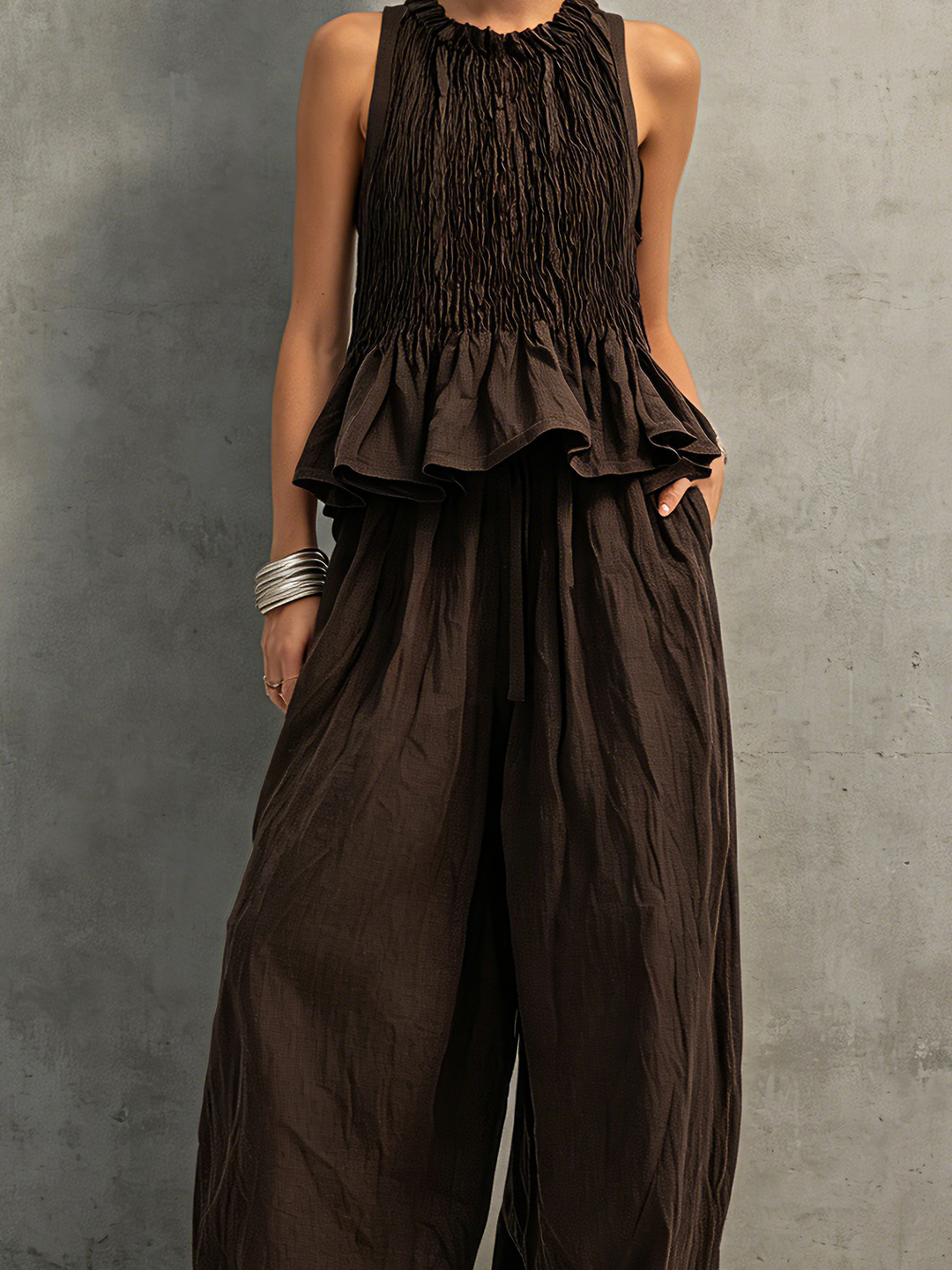 Vittoria | Completo Top Smockato Volant e Pantalone Balloon in Lino