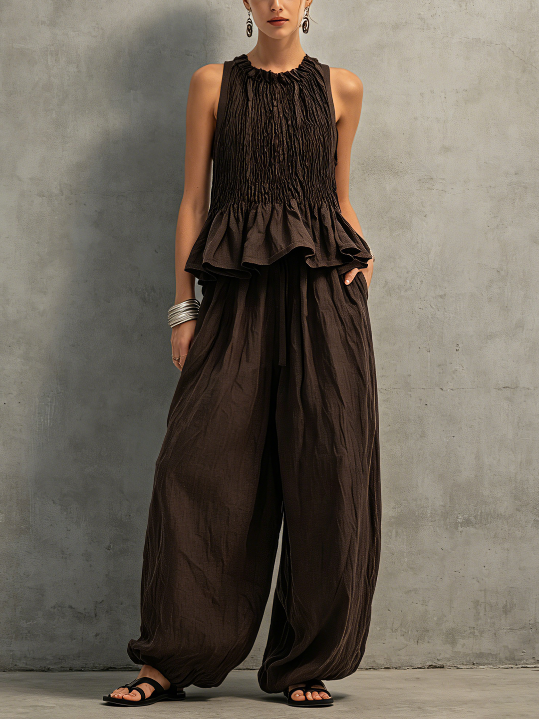 Vittoria | Completo Top Smockato Volant e Pantalone Balloon in Lino
