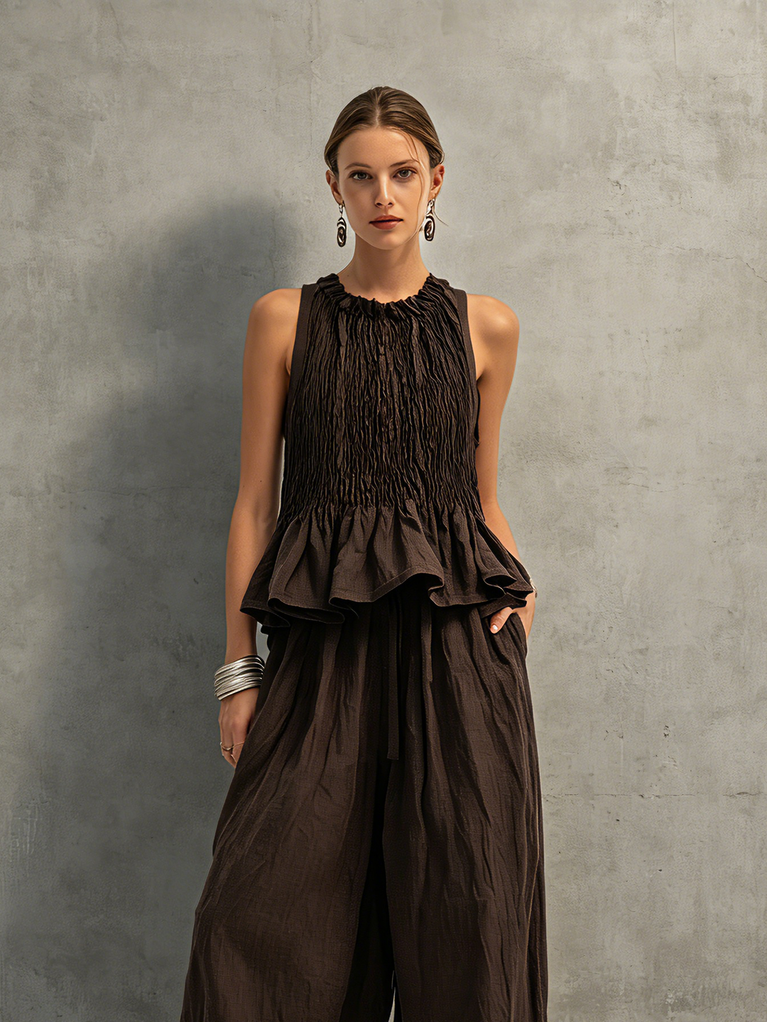 Vittoria | Completo Top Smockato Volant e Pantalone Balloon in Lino