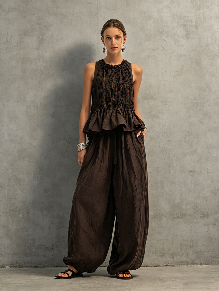 Vittoria | Completo Top Smockato Volant e Pantalone Balloon in Lino