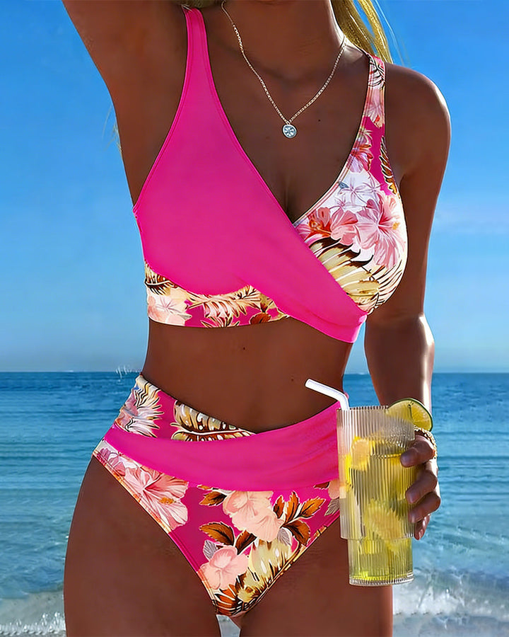 Bikini con stampa floreale a contrasto e apertura