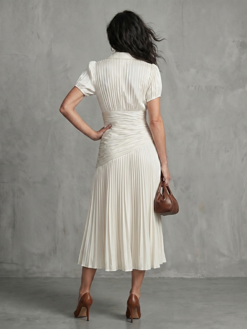 Theodora | Vestito Midi con Plissettatura e Strisce in Vita