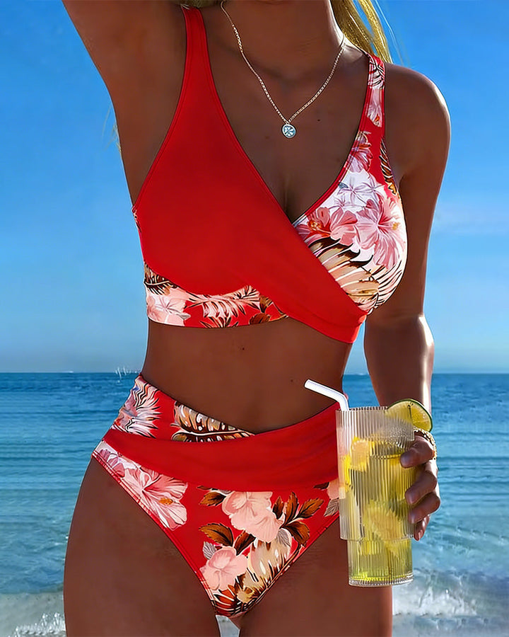Bikini con stampa floreale a contrasto e apertura