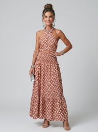 Amira | Abito Midi Cutout con Stampa Geometrica e Collo Halter Incrociato