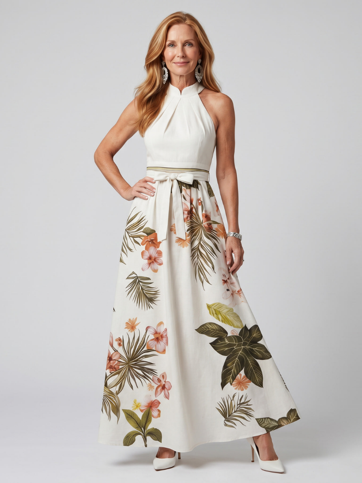 Weide | Vestito Maxi con Pannello Botanico e Collo Halter