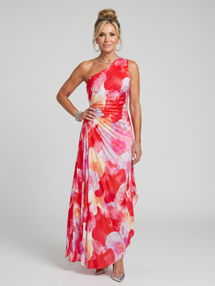 Taya | Vestito midi con un spalla e busto plissettato