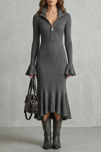Veloria – Elegante Abito Midi con Maniche Svasate e Zip