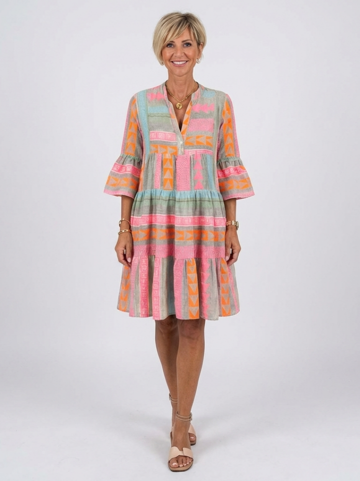 Maelle | Vestito lungo fino al ginocchio con stampa geometrica e scollatura a V