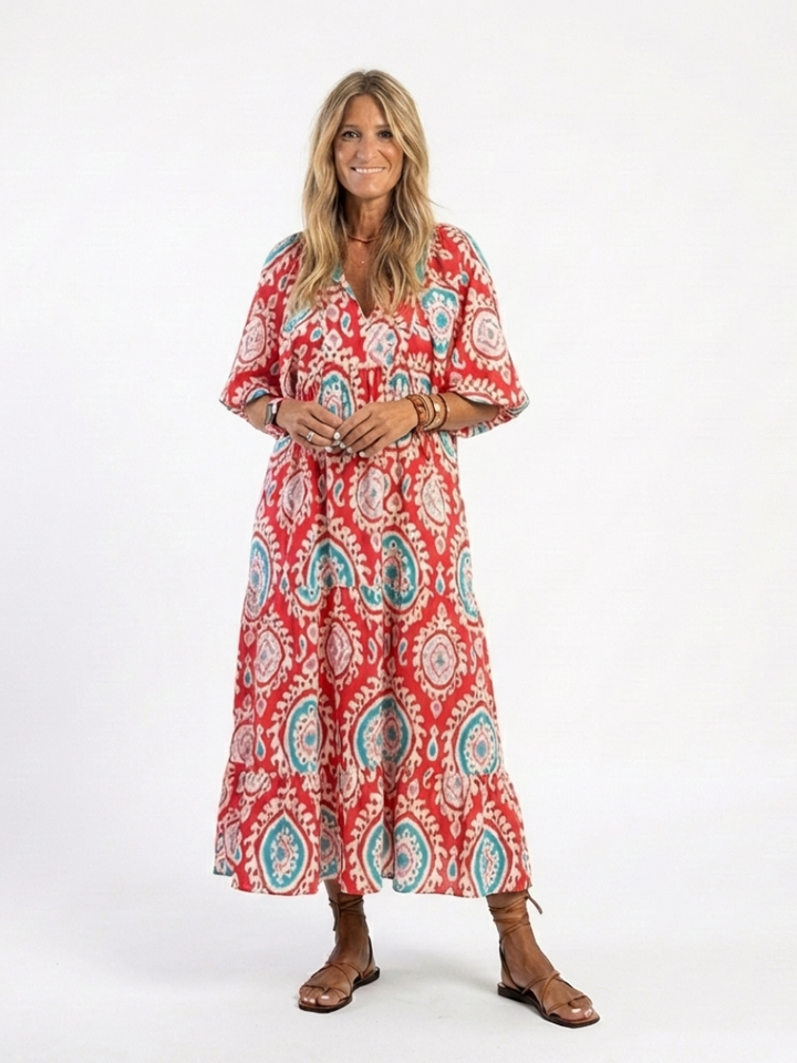 Zaria | Vestito midi a manica corta con scollo a V e stampa paisley
