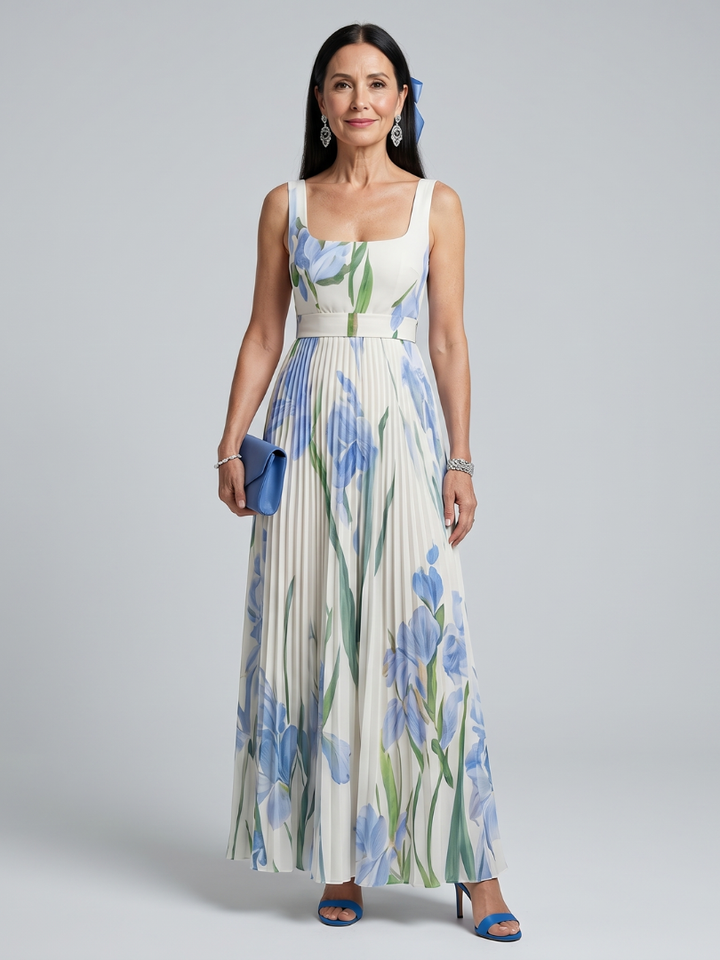 Ophelia | Vestito Midi Senza Maniche con Scollatura Quadrata e Stampa Floreale
