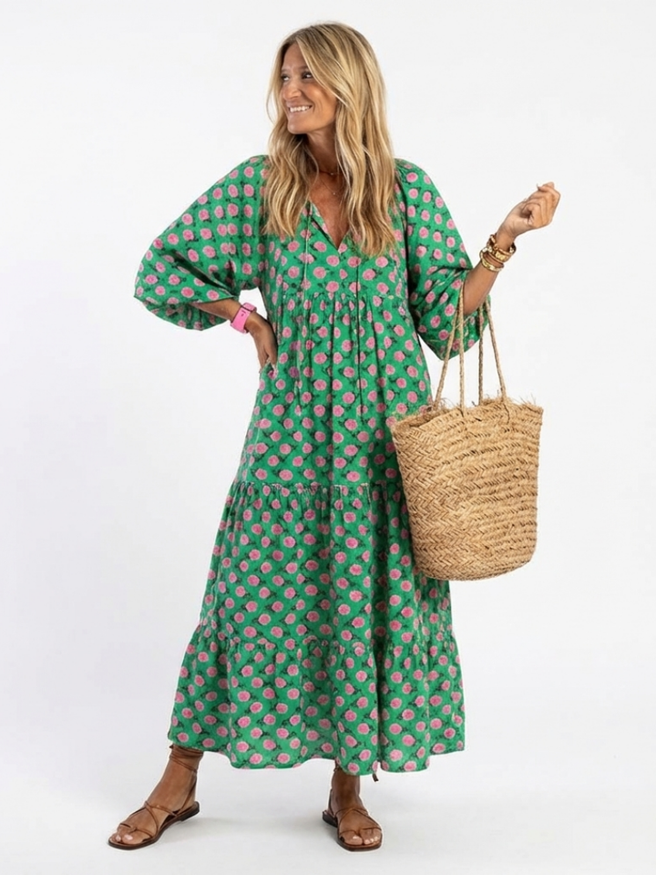 Fiora | Vestito Midi con Collo a V e Stampa Floreale