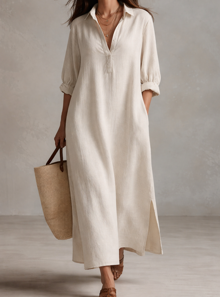 Abito Camicia Maxi Vintage Leggero in Crema Naturale