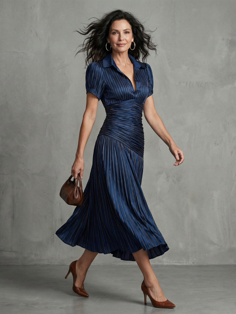 Theodora | Vestito Midi con Plissettatura e Strisce in Vita