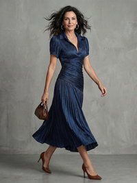 Theodora | Vestito Midi con Plissettatura e Strisce in Vita