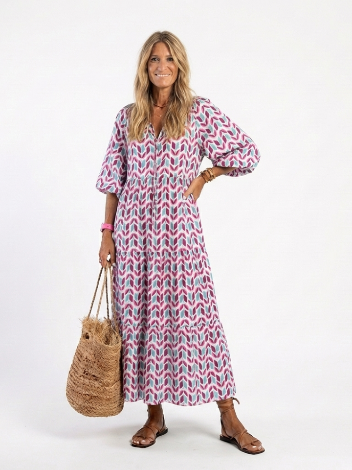 Mireya | Abito Midi a Maniche Lunghe con Stampa Geometrica