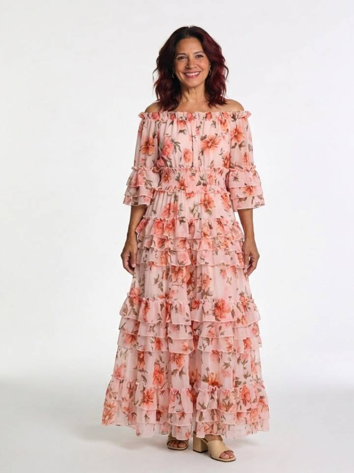 Rosalie | Vestito Maxi Floreale con Volant e Spalle Scoperte