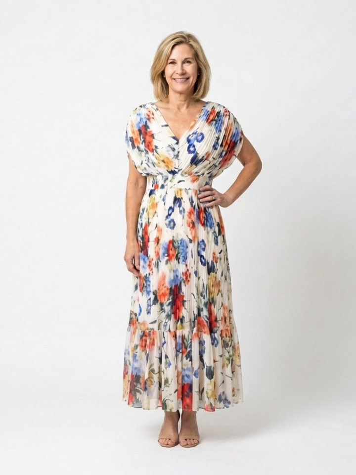 Savannah | Vestito midi floreale con maniche corte e plissettature