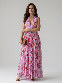 Nori | Abito Maxi con Scollo a Halter e Gonna Plissettata a Fiori