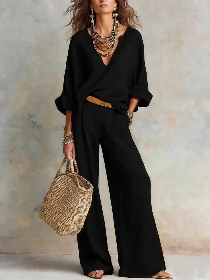 Naomi | Completo in Lino Col V Oversize & Pantaloni Largo Fluido