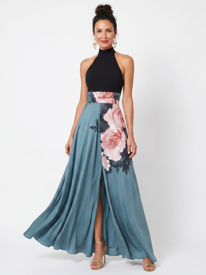 Olympas | Vestito Maxi con Corpo Halter e Gonna a Fiori