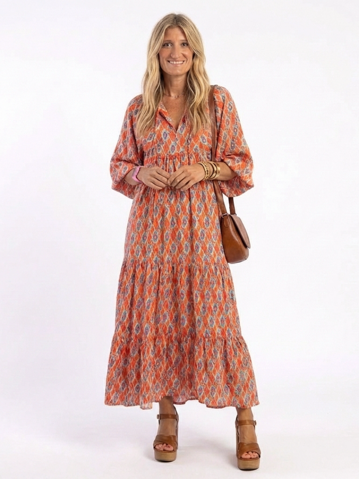 Amara | Vestito Midi con Collo a V e Stampa Geometrica