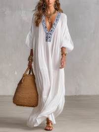 Kaftano Maxi Crinkle Bianco Ricamato Bohemien con Scollatura a V