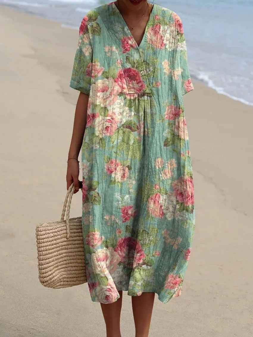Sammy - Vestito Casual Flowy con Arte Floreale Vintage