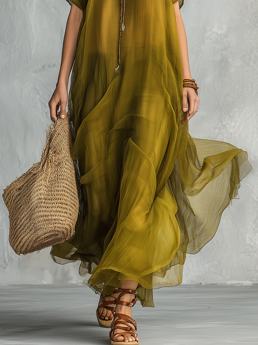 Maxi-abito Bohemien Verde Oliva con Silhouette Drappeggiata