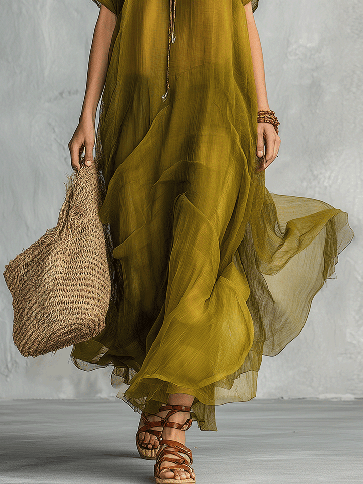 Maxi-abito Bohemien Verde Oliva con Silhouette Drappeggiata
