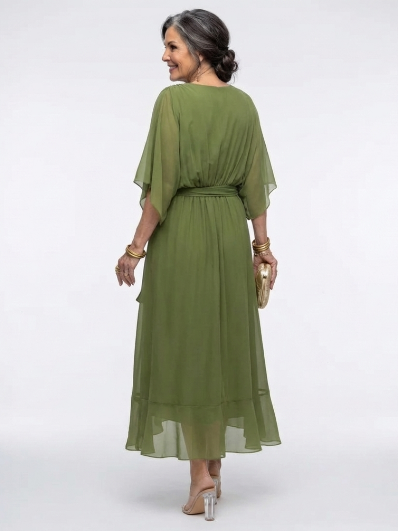 Elysia | Vestito Midi con Scollatura a V e Vita con Nastro