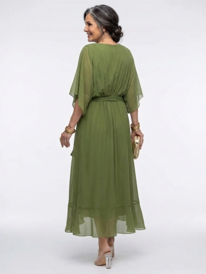 Elysia | Vestito Midi con Scollatura a V e Vita con Nastro