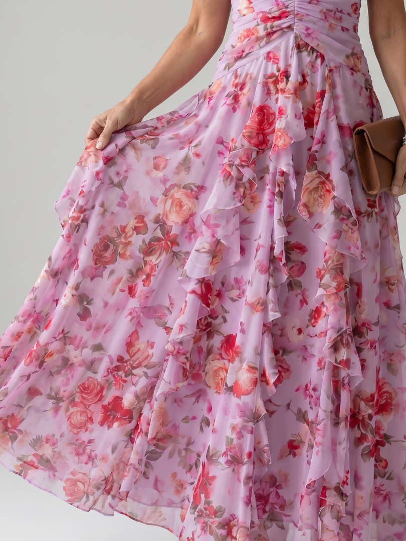 Nori | Vestito Maxi a Fiori con Scollatura Halter e Corpo Arricciato