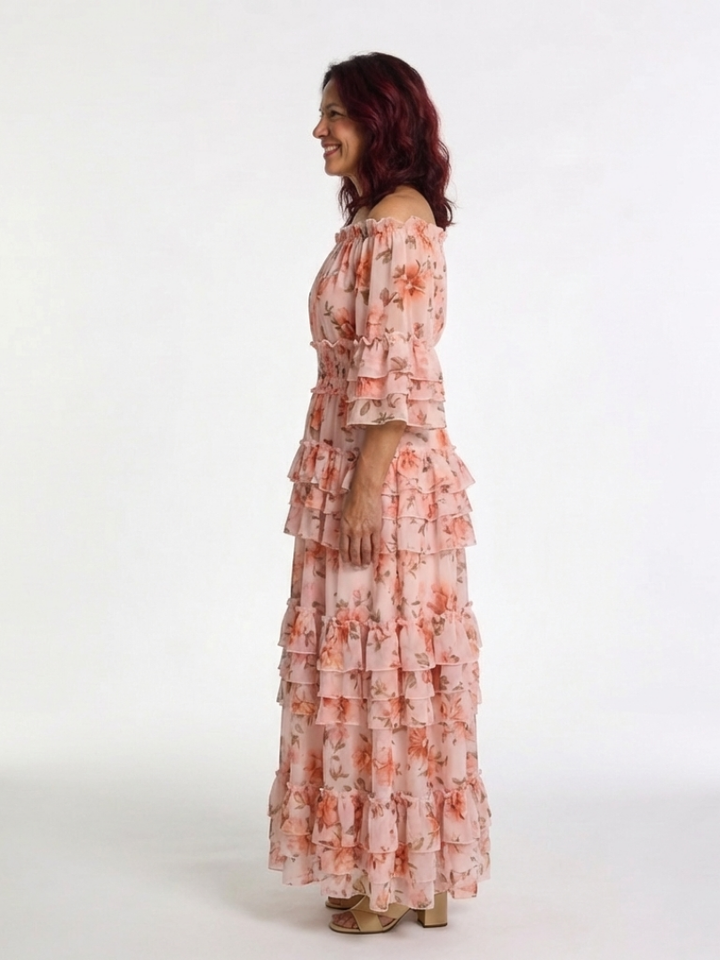 Rosalie | Vestito Maxi Floreale con Volant e Spalle Scoperte