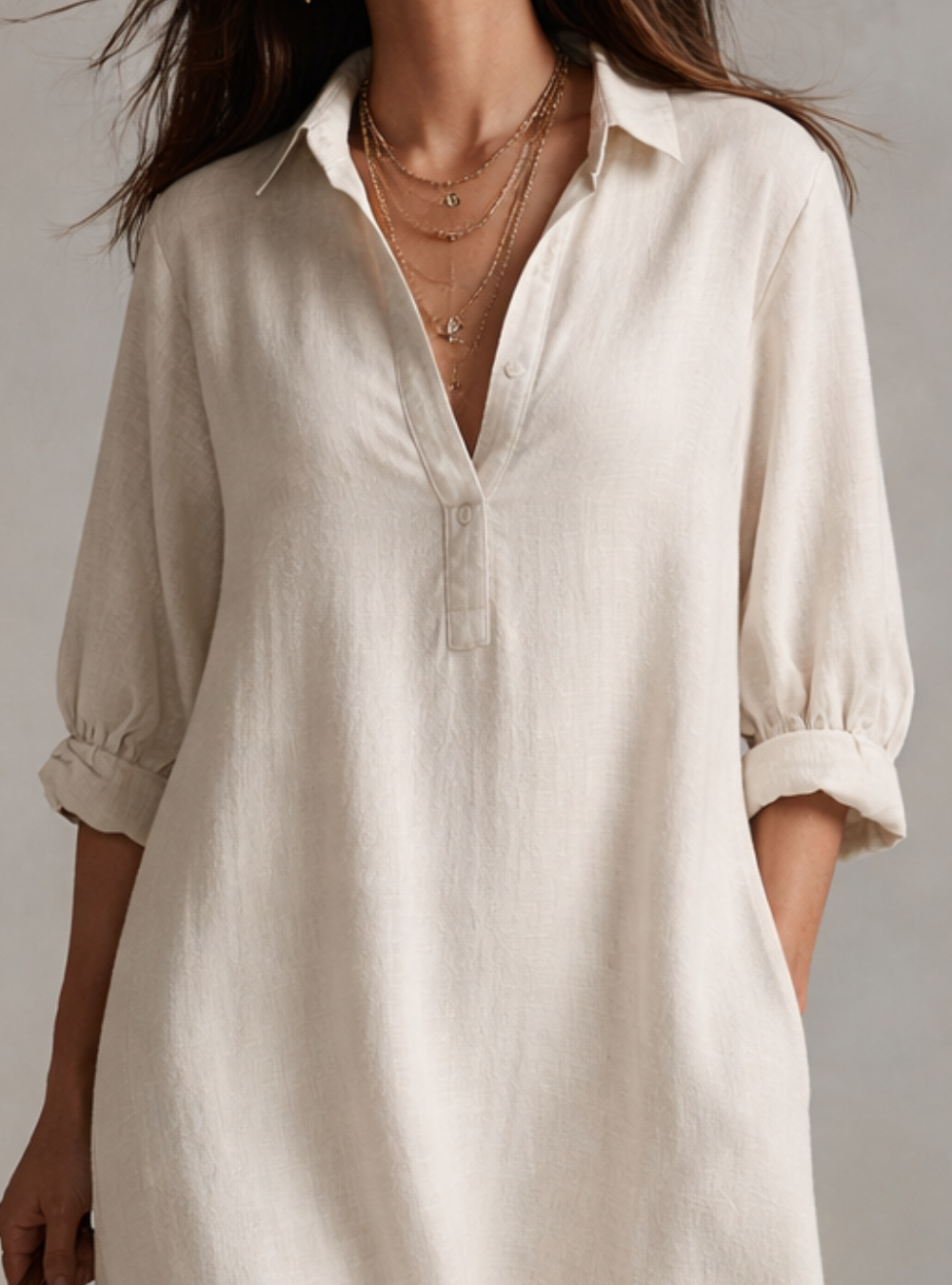 Abito Camicia Maxi Vintage Leggero in Crema Naturale