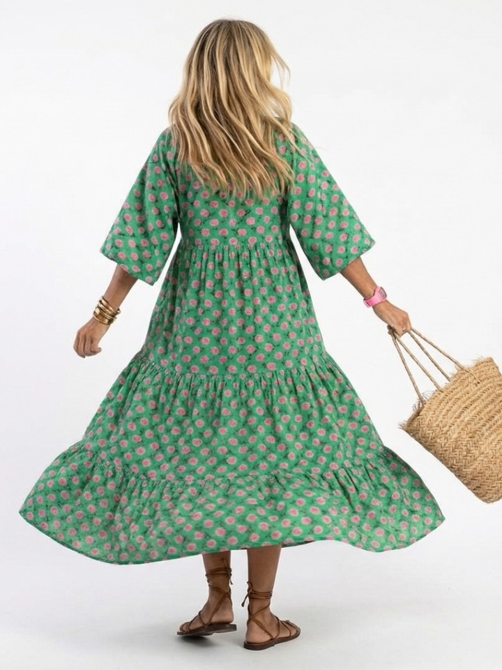 Fiora | Vestito Midi con Collo a V e Stampa Floreale